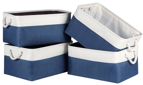 Syeeiex Storage Basket for Shelves [4 Pack], Storage Boxes with Handles, Large Fabric Storage Bins for Organizing Home and Office, White & Blue