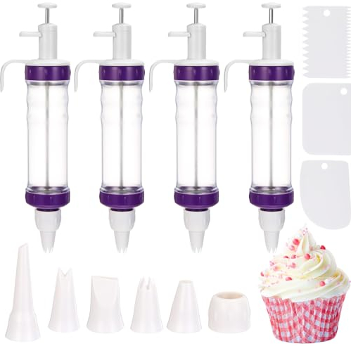Nuogo Set di 4 siringhe per decorazione dessert, include dispenser per glassa, iniettore per riempimento cupcake, 28 ugelli per glassa, 12 raschietti per panna, kit per glassa, per biscotti, torte,