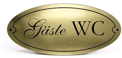 Gäste WC Schild Kunststoff Gold Silber graviert oval selbstklebend Gästetoilette wetterfest Deko Vintage Türschild 15 x 7 cm (Gold)