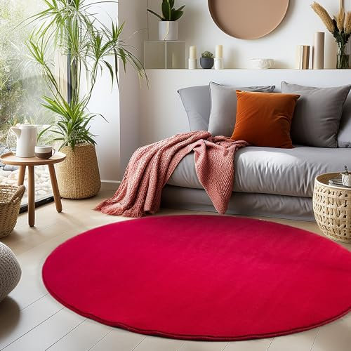 LIVUM Tapis Rond, Tapis de Chambre, Unicolore Lavable en Microfibre Douce, Essential (Couleur: Rouge - Taille: 120 cm Rond)