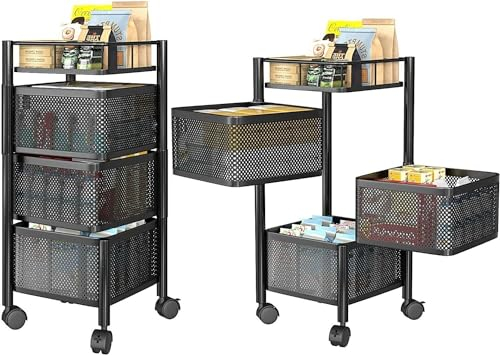 Storage Rack Kitchen Bathroom Rotating Vegetable Serving Bath Trolley Cart Shelf | Kitchen Rotating Vegetable Rack | Fruit Storage Basket with Wheels (Black Square 4 Tier)
