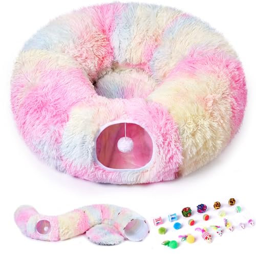 Odoland Katzentunnel große Katzenspielzeug mit Plüsch Katze Bett Katzentunnel mit Ball für Indoor Katzen, Multifunktionales Tunnel für Katzen - Rosa