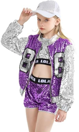 LOLANTA 4 Pezzi di Ragazze con Paillettes Costume da Ballo per Bambini Hip-Hop Stree Abiti da Ballo Set Calze attaccare, Viola, 4-5 anni, 110