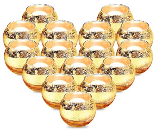 BYZESTY Juego de 16 Portavelas Dorados - Portavelas de Vidrio, Porta Velas, Vasos para Velas para Decoración de Mesa, Boda, Cumpleaños, San Valentín, Navidad