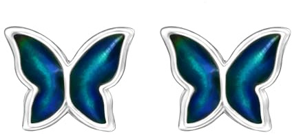 Zenvie Butterfly Mood Stud Earrings - Colour-Changing Sterling Silver | Colour-changing mood stone butterfly, 9.4x7.5mm, 925 sterling silver, gift boxed, emotion jewellery, cute retro fun
