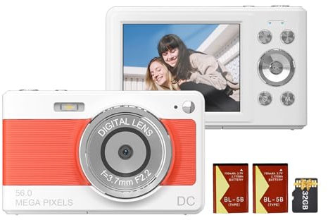 Andoer Fotocamera digitale 1080P, videocamera, videocamera, 56 MP, schermo IPS da 2,88 pollici, zoom digitale 8x, messa a fuoco automatica, anti-shake, con scheda di memoria da 32 GB, 2 batterie per