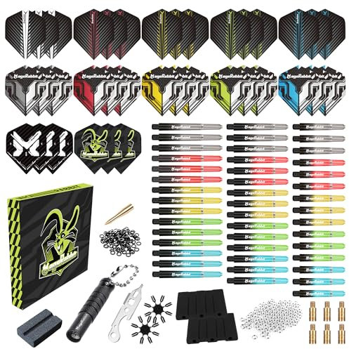 MageRabbit Dart Flights mit Schaft Kit, 200-teiliges Set-Dart-Zubehörpaket,36 Dart Flights, 45 Dart Schäfte, Schärfer, Entferner, 50 Metallringe, 16 Flugschützer, Dart-Zubehörset für Profi