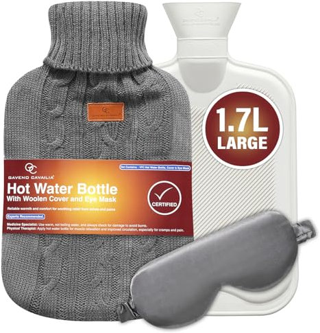 Hot Water Bottle with Soft Knitted Cover - 1.7 Liter Capacity - Neck & Shoulder Hot Water Bag for Pain Relief - Great Gift for Women - Included Eye Mask - 32.5 Cm x 19.5 Cm - Grey