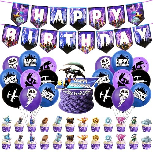 42PCS Video Game Birthday Decorations for Boys, Gaming Party Decorations Balloons Cake Topper Decorations Cupcake Toppers Birthday Banner Latex Balloons for Kids Gamers Lovers Party Supplies