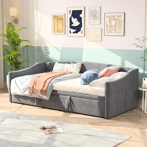 Polsterbett, Schlafsofa Ausziehbar Für 2 Personen, Tagesbett, Ausziehbett Gleiche Höhe, Schlafcouch Mit Lattenrosten Und Rückenlehne, Multifunktionsbett, Samtstoff, Ohne Matratze (Grau, 90x200cm)