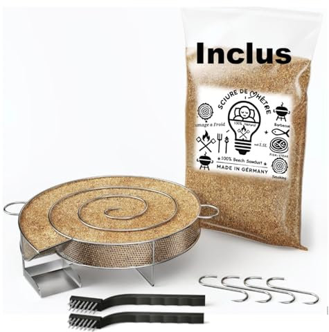 Générateur de Fumée Froide (serpentin pour fumoir)+La Sciure de Bois Hêtre Inclus 1.3 L (MADE IN FRANCE)+4 Crochets +2 Brosses de Nettoyage Offerts, Fumoir pour Viande et Poisson,Manuel en français