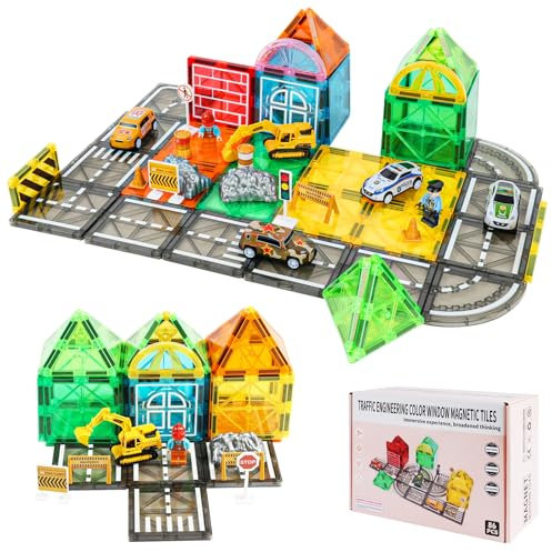 HOTUT Magnetic Tiles Road Building Blocks, 86 Pcs, Ages 3-7, Compatible with Major Brands, Traffic Theme, Magnetic, Educational Learning Toys