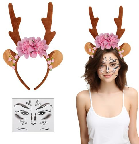 Aruigu Karneval Kostüm Damen Mädchen, Haarreif Reh Geweih Hörner Rehohren mit Blumen + Reh Gesichtstattoo, Damen Kinder Reh kostüm Kopfschmuck Haarreifen Fasching Mottoparty Halloween Kostüm
