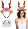Aruigu Karneval Kostüm Damen Mädchen, Haarreif Reh Geweih Hörner Rehohren mit Blumen + Reh Gesichtstattoo, Damen Kinder Reh kostüm Kopfschmuck Haarreifen Fasching Mottoparty Halloween Kostüm