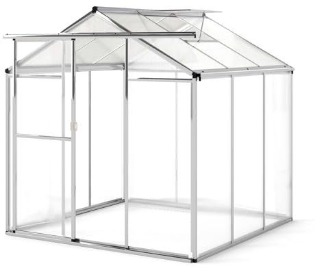 COSTWAY 6 x 6FT Polycarbonate Greenhouse, Large Walk-in Green House with Adjustable Roof Vent, Sliding Door & Rain Gutters, Aluminum Frame Warm Grow House for Garden (6 x 6FT)