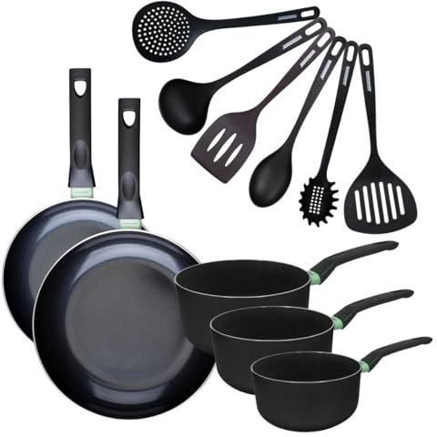 Fackelmann 9433050 Pfannen-Set, 2 Pfannen 24 und 28 cm, 3 Töpfe 16 bis 20 cm und 6 Utensilien, Antihaftpfanne, PFAS-frei, Keramikbeschichtung, alle Herdarten, Induktion, Aluminium, RPET, Schwarz, Grün