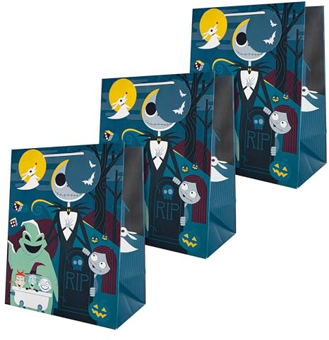 Hallmark Large Gift Bags, The Nightmare Before Christmas, Disney, 3-Pack | 33x26.5x14.6cm, Blue with Jack Skellington, Sturdy Handles, Bat Gift Tags, Recyclable