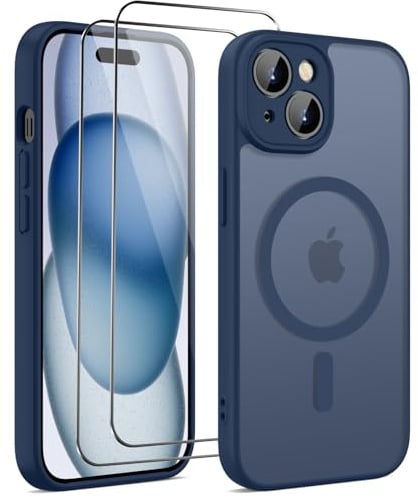 HGH für iPhone 15 Hülle für MagSafe mit 2 Schutzglas, Blau | Vollständiger Kameraschutz Stoßfest Kratzfest Anti-Fingerabdruck Transluzente Rückseite Matt Handyhülle