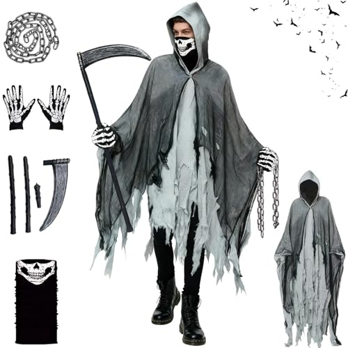 Grim Reaper Costume, Adult Reaper Costume, with Hood Skeleton Mask, Skeleton Gloves, Chains, Grim Reaper Sickle, for Halloween, Masquerade, Carnival, Cosplay (Grey)