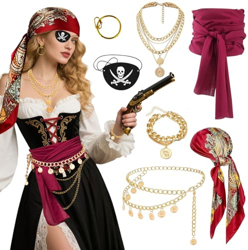 Piratenkostüm Damen Accessoires, 7 Stück Piraten Kostüm Frauen mit Piraten Kopftuch, Augenklappe Pirat, Gürtel, Taillenkette, Armband, Ohrschmuck Halskette, Faschingskostüme Karneval Kostüm Damen