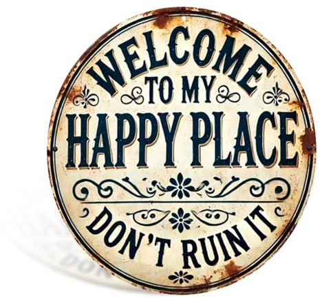 Welcome to My Happy Place Funny Metal Tin Sign Vintage License Plate Wall Decor Round Aluminum Plaque for Home Office Garage Bar Cafe Man Cave Restaurant Living Room Garden Yard Porch 8x8 Inch