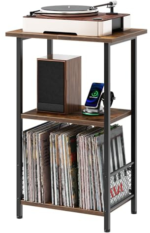 HOOBRO Record Player Stand, Turntable Stand up to 100 Albums, 3-Tier Album Vinyl Record Storage Rack with Dividers, End Table, for Living Room, Bedroom, Rustic Brown and Black EBF06RS01