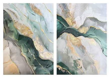 STYLER Leinwandbilder Set Aventurine 2-teilig – je 50 x 70 cm – Abstraktes Canvas Handpainting mit goldenen Akzenten – Modernes Wandbild-Set aus der Abstract Duets Kollektion