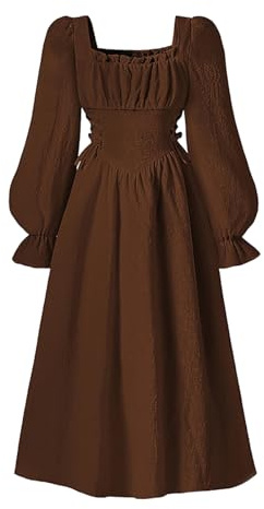 Girls Square Neck Midi Corset Dress Puff Long Sleeve A-Line Lined Casual Flowy Dress Elastic Waist Back Smocked