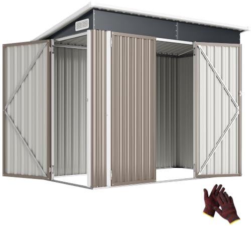 Outsunny Gartenhaus aus Metall, Gartenhäuschen für den Außenbereich 234 x 132 x 185 cm, dreifach abschließbare Tür, schräges Dach, Belüftungsöffnungen und Handschuhe, Geräteschuppen aus verzinktem
