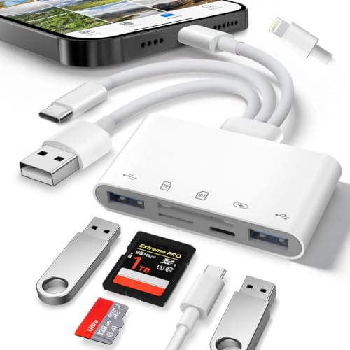 SD Kartenleser USB C/USB A/Lightning, 5 in 1 SD Kartenleser für iPhone mit SD, Micro SD/TF, 2*USB Anschluss und USB-C Laden, Kartenlesegerät für iPhone, iPad, MacBook, PC und Android Geräte usw