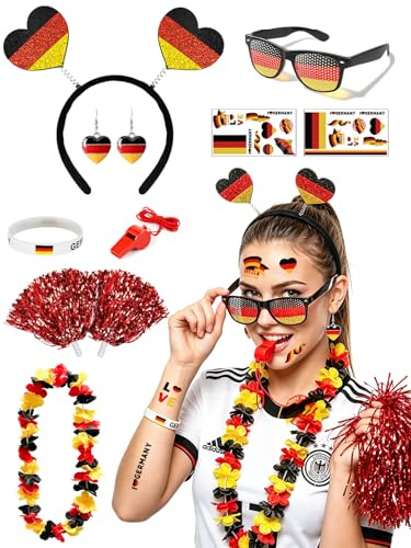 WM 2026 Deutschland Fanartikel 8tlg– Fußball WM 2026 Accessoires für Damen & Herren, mit Haarreif, Sonnenbrille, Ohrringen, Tattoo, Pfeife & Fan Zubehör für Public Viewing