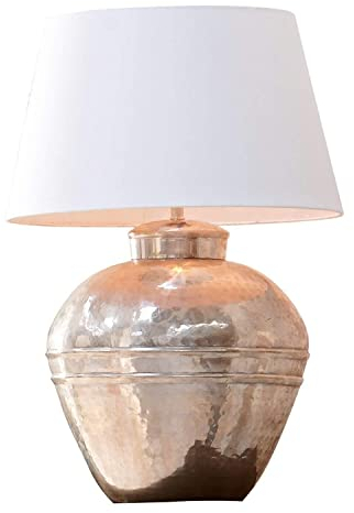 LOBERON Tischlampe Madison, Lampenfuß in Hammerschlag-Technik handgearbeitet, mit Antiksilber-Finish, Tischleuchte, Baumwolle, Messing, creme/antiksilber