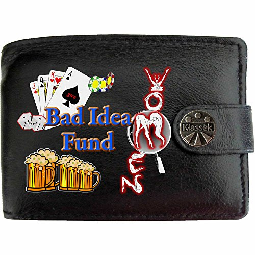 Klassek Bad idea Fund Funny Humourus Joke Mens Wallet Real Black Leather RFID Blocking with Coin Pocket and Metal Gift Box