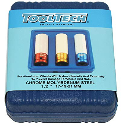 3 Stück Kraft-Schoneinsätze, Schlagschrauber Schonnüsse mit Naylonbelag innen und außen, zum Schutz Ihrer Aluminiumräder, Chrom-Molybden-Stahl, 17-19-21mm, 1/2, 85mm lang, nach Größe farbig markiert, inklusive Box, Artikelnr. 10921