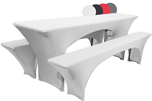 Beautissu Edles Stretchhussen Set 3tlg. Victoria - Elastische Hussen für Bierzeltgarnitur 220x70 cm – Festliche Husse Biertisch + 2 Bierbank - Bierzeltgarnitur Hussen in Weiß