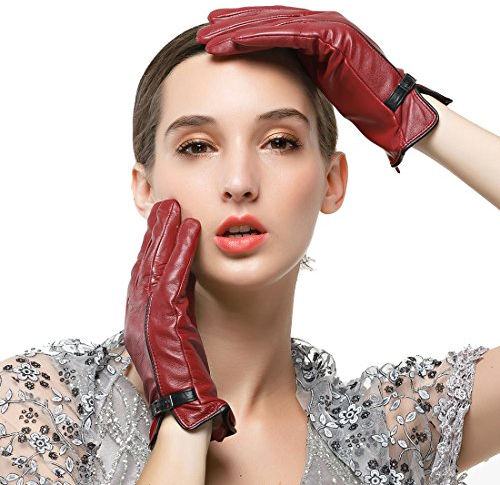 Nappaglo Damen Winter Leder Handschuhe Lammfell Touchscreen Warm Handschuhe mit Dekorativen Handgelenk Gürtel (L (Umfang der Handfläche:19.0-20.3cm), Winerot mit Schwarzen Gürtel(Non-Touchscreen))