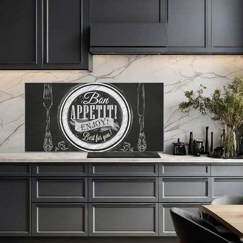 banjado Küchenrückwand Glas ohne Bohren 100x50cm – Glasrückwand Küche mit Motiv Bon Appetit/Spritzschutz Küchenrückwand Glas/selbstklebende Küchenrückwand Platte - magnetisch & beschreibbar