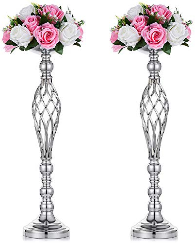 NUPTIO Satz von 2 Vielseitigen Silber Blumen Arrangement Ständer 59cm Höhe & Stumpen Kerzenhalter Set für Hochzeitsfest Herzstück Event Abendessen Hotel Dekoration, Hochzeitsmittelstücke für Tische