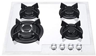 Corberó - Encimera de Cristal a Gas | CPCGXY6029W | 8 Kw | 4 Fuegos | Autoencendido | Zona Wok | 62 x 52 x 10 cm | Kit de conversión a gas natural | Blanco/Inox