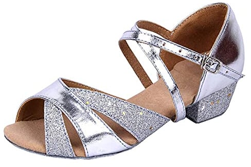 missfiona Girls Ballroom Dance Shoes Glitter Latin Salsa Shoes for Kids 3.5cm Low Heels(2.5 UK, Silver)
