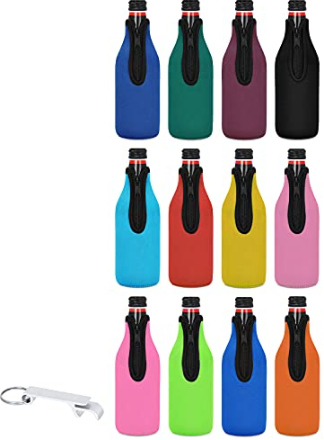 12 Pack Beer Bottle Cooler Sleeves Keep Drink Cold Zip-up Extra Thick Neoprene Insulated Sleeve Cover with Bottle Opener(12 Pack, Multi)