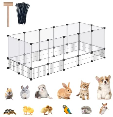DINMO 28 Panels Bunny Playpen, Iron Net Bottom, 61.4 L x 25.4 W x 22.3 H