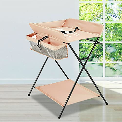 Klappbare Wickelkommode höhenverstellbar Klappwickeltisch mit/ohne Rollen, Mobile Wickeltisch mit Wickelauflage, Sicherheitsgurt und Ablagefächern Geeignet für Babys und Kleinkinder (e)