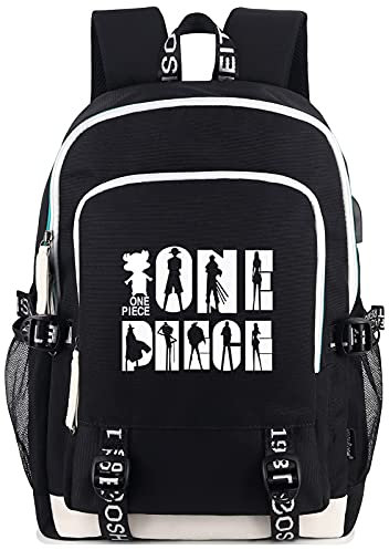 Roffatide Anime One Piece Luffy Laptop Backpack Fit 15.6 Inch Luminous Printed Schoolbag Daypacks with USB Charging Port & Headphone Port Black