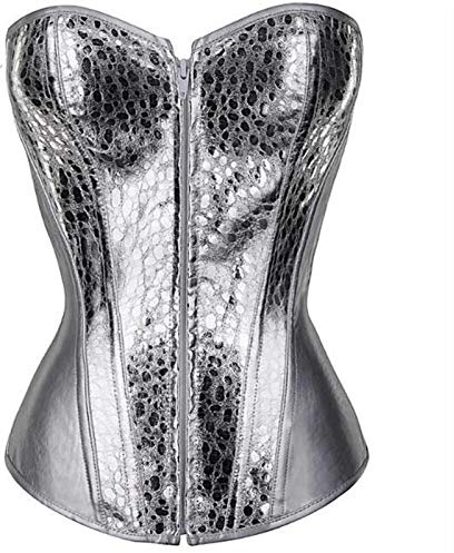 HXSZWJJ Silver Corset Top Shining Twinkle Faux Leather Bustier Front Zipper Elastic Boned (Color : Half silver, Size : S.)