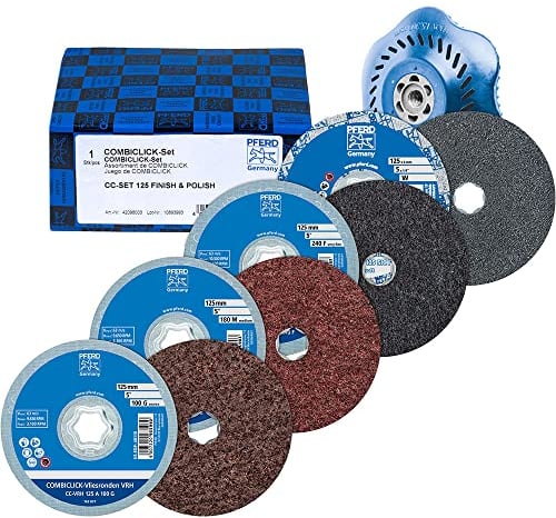 PFERD COMBICLICK Vlies-/Filzronden-Set, 5-teilig / Ø 125mm Korund A240, A180, A100, Siliciumcarbid SiC fein, inkl. Stützteller / 42098003 – für Feinschliff & Finish mit dem Winkelschleifer