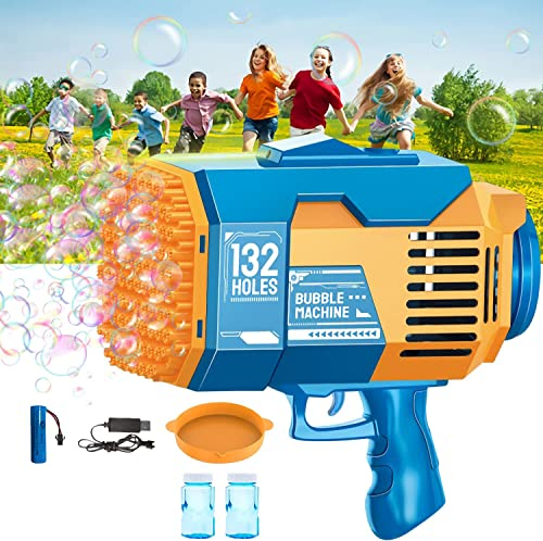 LAYPUNY 132 Löcherr Seifenblasenpistole, Seifenblasenmaschine Pistole Mit Lichter Gatling Seifenblasen Launcher, Spielzeug Geschenke für Kinder Erwachsene Outdoor Party Hochzeit Geburtstag - Blau
