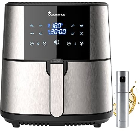 MasterPro Foodies | Kit de Freidora Sin Aceite XXL de 6L y 1800W Junto con Spray Pulverizador de Aceite | Pantalla LED Táctil y Cesta Antiadherente | Freidora de Aire | 8 Funciones Diferentes en 1