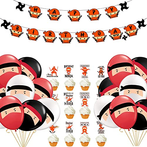 Ninja Geburtstag Deko Ninja Geburtstagsdeko HAPPY BIRTHDAY Banner Shuriken Luftballons Geburtstagsparty Dekorationen für Kindergeburtstag Junge