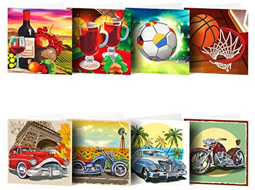 LUSandy Lot de 8 kits de peinture diamant 5D à faire soi-même pour adultes, voiture, moto, basket-ball, art diamant, cartes de vœux, cadeaux pour anniversaire, vacances, famille et amis